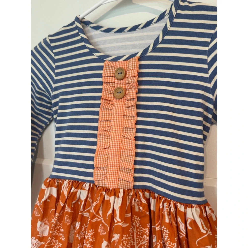 Eleanor Rose Girls Rhonda Woodland Fox Striped Ruffle Dress Orange Blue Size 7-8
